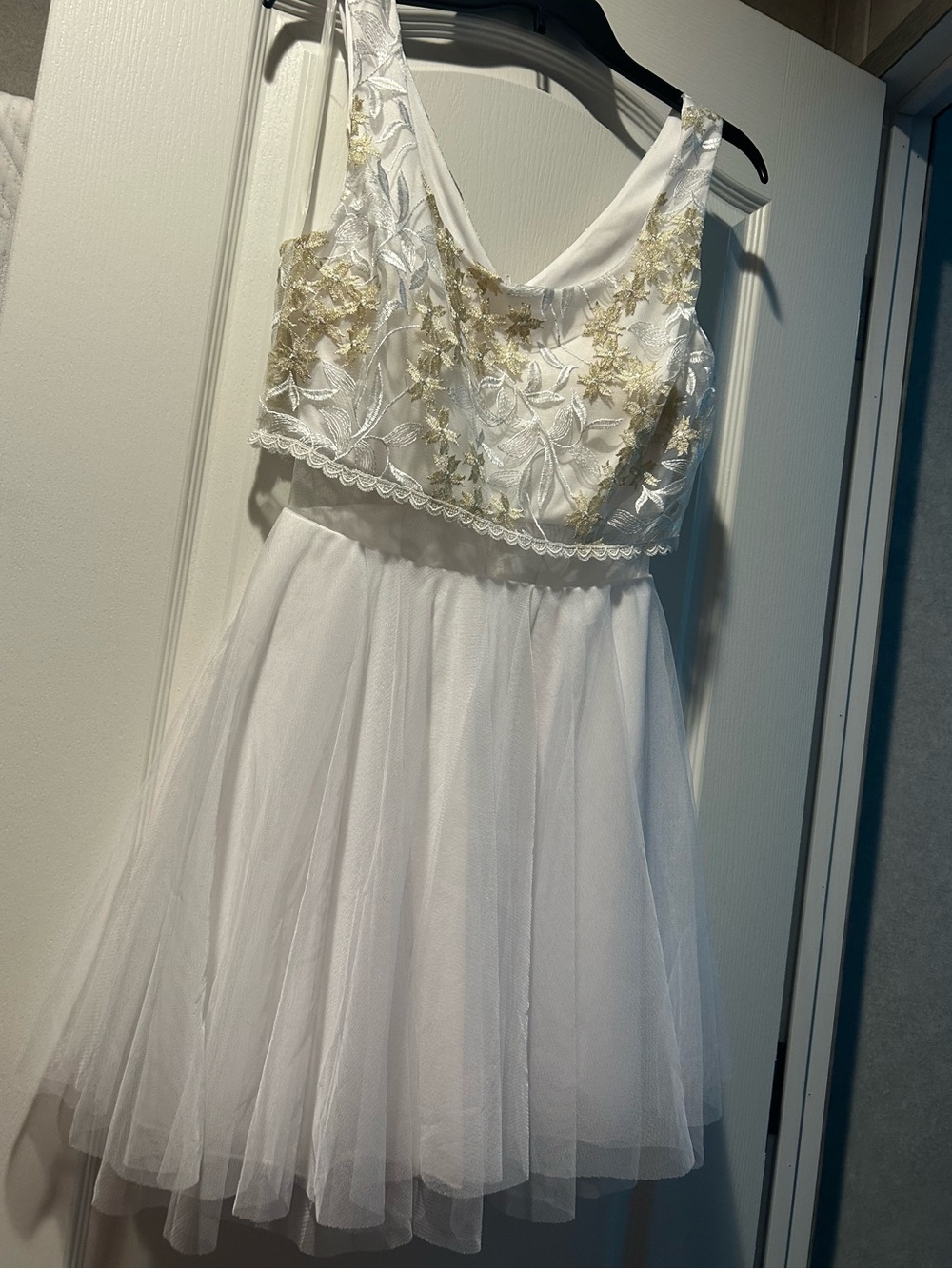 As U Wish White Tulle Party Dress with Gold Floral Embroidery